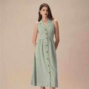 RIHOAS The Green Lapel Plaid Sleeveless Shirt Midi Dress M